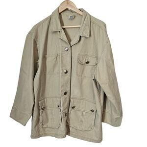 Chico's Women's Utility Tan Barn Jacket M/L Silver Buttons 4 Pocket Lightweight